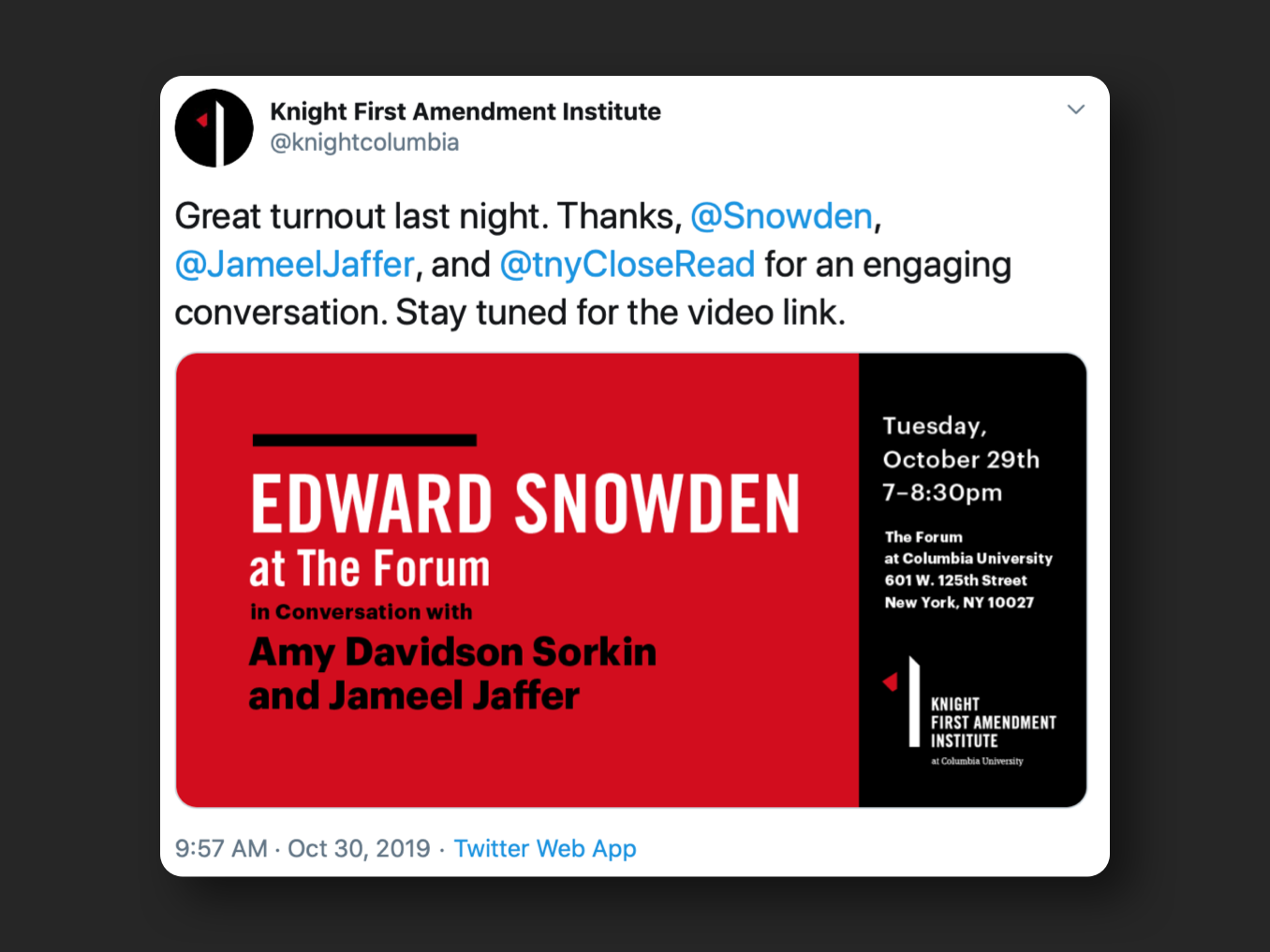 Tweet from KFAI with Snowden event graphic